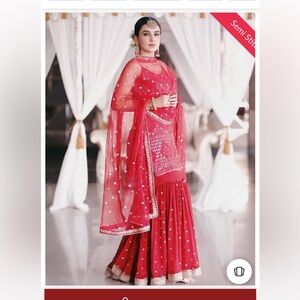 Stunning Appealing Red Thread And Sequins Embroidered Georgette Sharara Suit